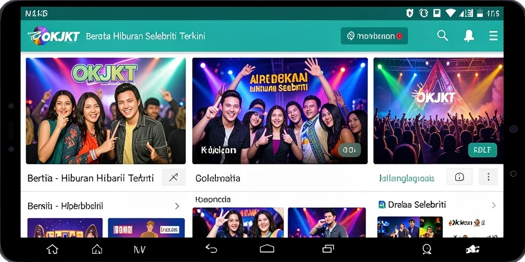 Tampilan antarmuka aplikasi OKJKT dengan berita selebriti terbaru.