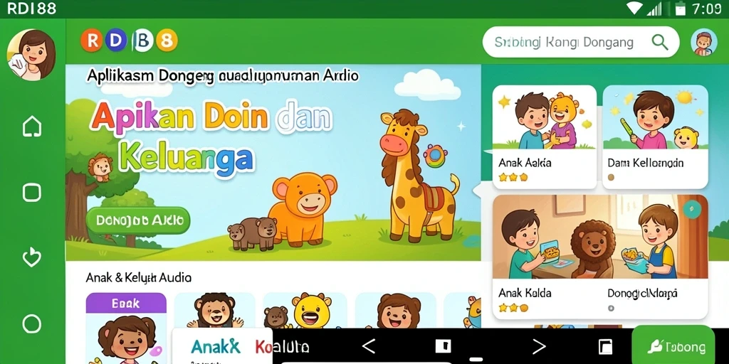 Antarmuka RDI88 menampilkan pilihan cerita dongeng audio yang menarik.